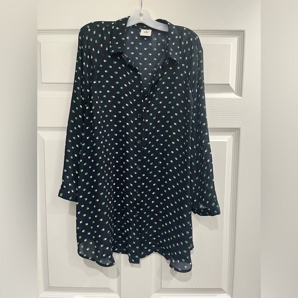 Cabi Size Small Navy Martini Button Up Blouse Style #5019 Sheer 3/4 Sleeve Tunic